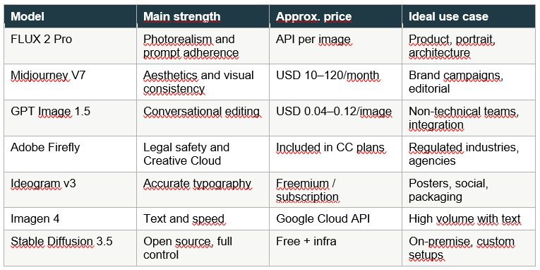 Comparative table of AI models for images