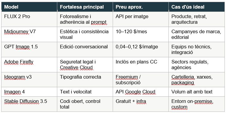 Taula comparatives de models d'IA per a imatges