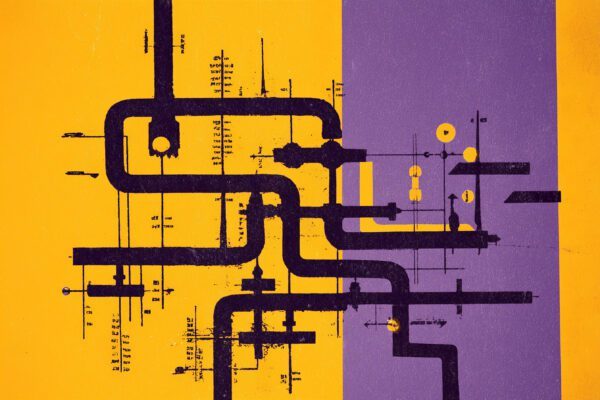 gestió de baixes Il·lustració abstracta de canonades i diagrames tècnics en taronja i lila que representa la gestió de baixes de clients
