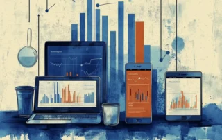Ilustración de portátiles, móvil y tableta con gráficos de datos de marketing