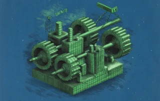 Ilustración de una máquina de engranajes verdes sobre fondo azul que representa los procesos de rastreo e indexación de Google