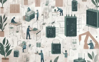 Ilustración editorial de un equipo trabajando con sistemas y máquinas conectados entre sí