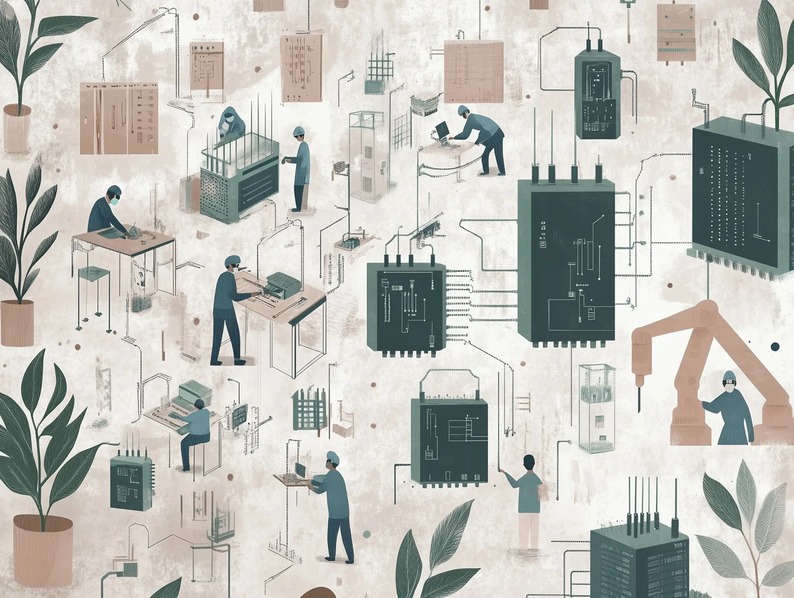 Ilustración editorial de un equipo trabajando con sistemas y máquinas conectados entre sí