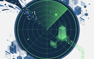 Ilustración de un radar que detecta un edificio de empresa entre el tráfico web y lo envía a un embudo de leads B2B