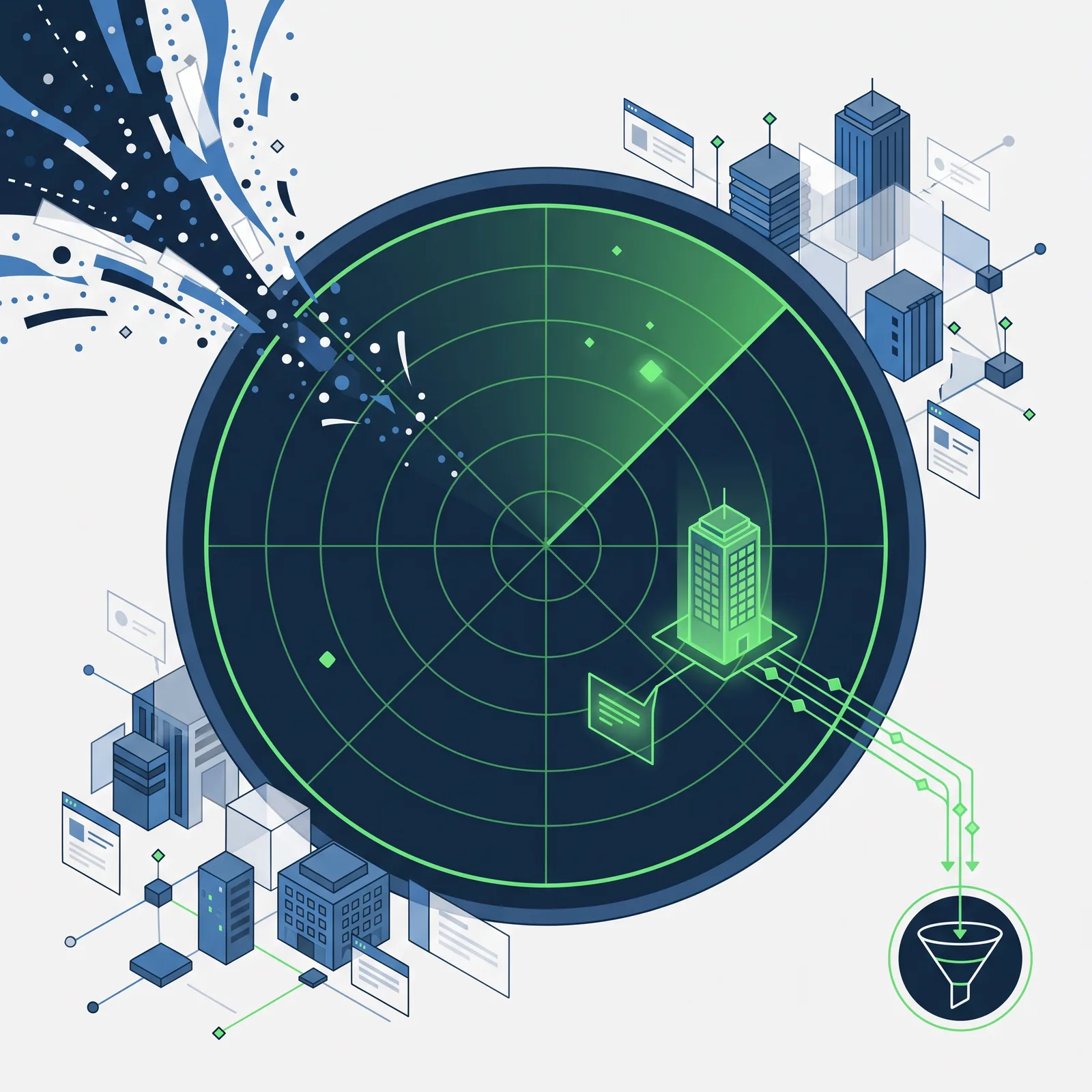Ilustración de un radar que detecta un edificio de empresa entre el tráfico web y lo envía a un embudo de leads B2B