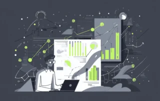 Ilustración de un profesional con portátil ante paneles de gráficos y datos de precios