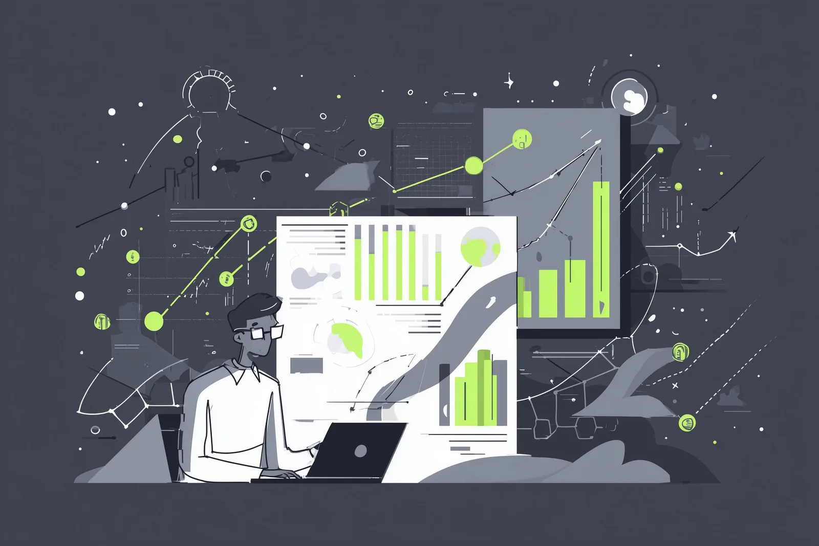 Ilustración de un profesional con portátil ante paneles de gráficos y datos de precios